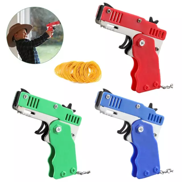 Rubber Band Gun Mini Metal Folding 6-Shot with Keychains Band + Rubber 3