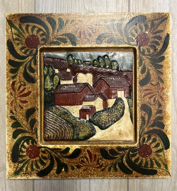 Dave Eldreth Hand Painted Clay Framed Tile Folk Art Signed Farm Barn Countryside
