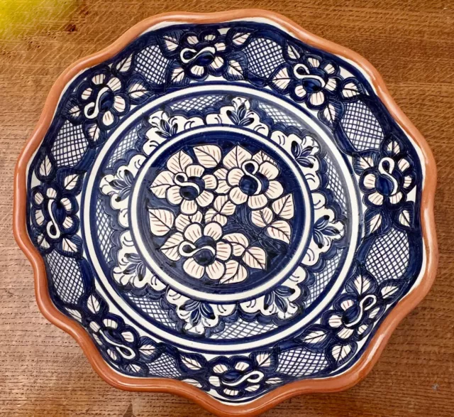 Studio Pottery Signed Handmade Fluted Bowl Terracotta Majolica Blue Portugal