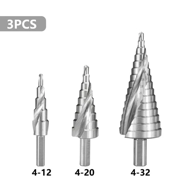 3pcs HSS Step Drill Bits 4-12/4-20/4-32mm Spiral Groove Wood Metal Hole Cutter