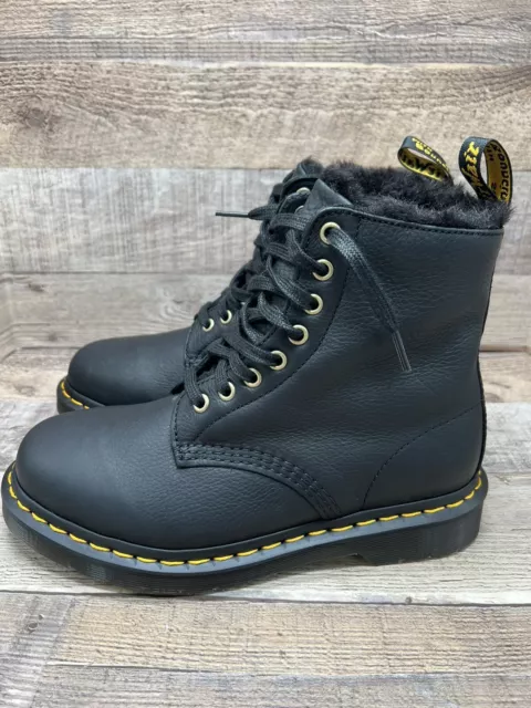 Dr Martens Faux Fur 1460 Pascal FL Black Leather Combat Boot Men Sz 6 Women Sz 7