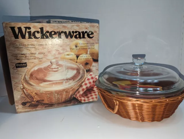 Vintage Wickerware Glasbake By Jeannette Glass - 2 Qt. Casserole Dish W/ Wicker