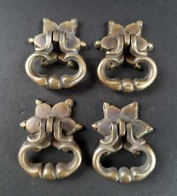 4 Brass Handle Pulls, Ornate Drop Ring, bolts and Rosette Backplate 1-1/4" #H14