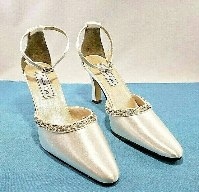 Touch Ups Shoes 6 1/2 M Bridal Prom White Satin Ankle Strap Pump 3" Heels  Bling