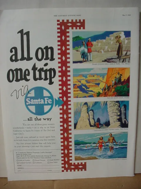 1949 Santa Fe Railroad Carlsbard Caverns Grand Canyon Beach VTG  Print Ad 10098