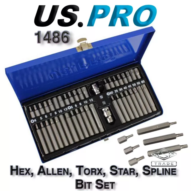 US PRO Tools 42pc Set Hex, Allen, Torx, Star, Spline Bit Sockets 3/8" 1/2"d 1486
