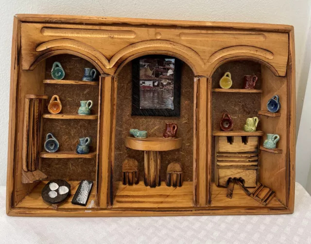 Vtg Diorama Shadow Box Folk Art Handmade Wooden Wall Hanging Miniature Pottery