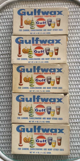 5-Vintage Gulf Gas & Oil Gulfwax Household Paraffin Wax Original Box 1/4lb. USA