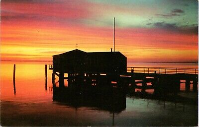 Michigan City IN Sunset Over Pier General View Unused Indiana Postcard A522