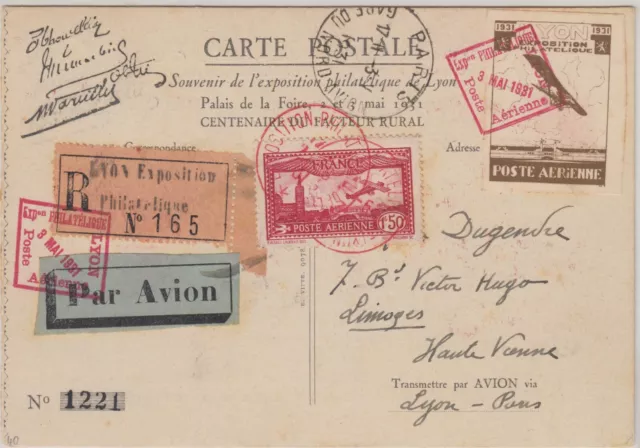 France : Sup Carte Exposition Philatelique De Lyon Cachets Rouges Du 3 Mai 1931 2