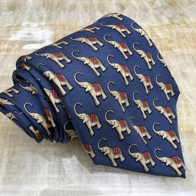 Salvatore Ferragamo Blue Circus Elephant Motif Neck Tie Silk Handmade Italy