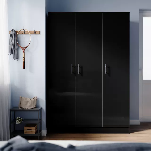 3 Door Triple Wardrobe Black with Hanging Rail & 5 Shelves High Gloss Cupboard