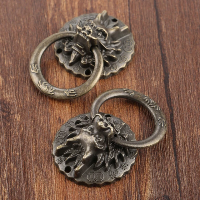 2 Pièces Ancien Bronze Dragon Tête Poignées Vintage Tirer Bague Porte Heurtoir