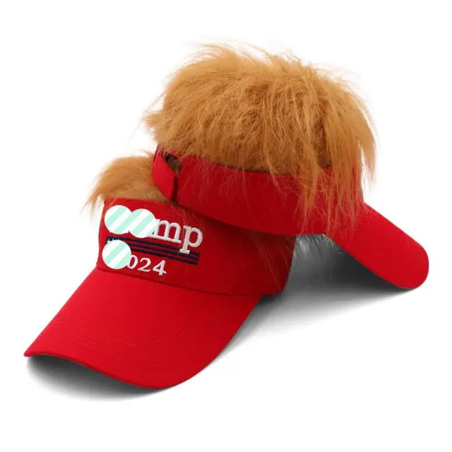 President Donald TRUMP 2024 Red Trumpy Visor Hat w/Gold Hair Golf Cap Wig-