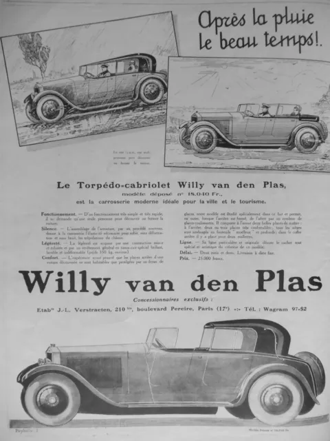 Publicité 1925 Le Torpedo-Cabriolet Willy Van Den Plas - Advertising
