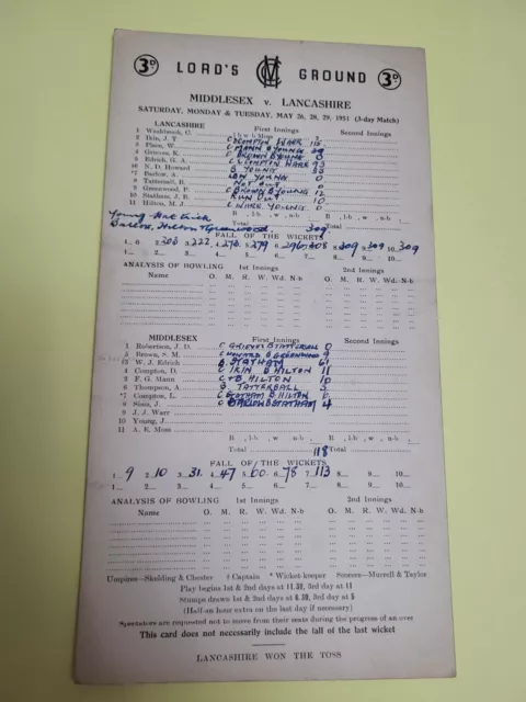 Middlesex v Lancashire ~ Cricket Scorecard 1951 ~ Lord's Ground Free Postage