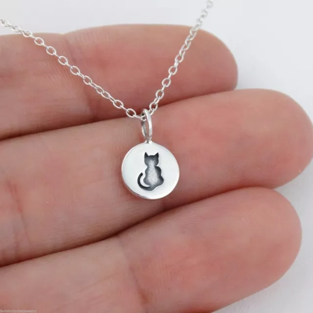 Tiny Etched Cat Necklace - 925 Sterling Silver - Cats Charm Kitty Meow Pet NEW