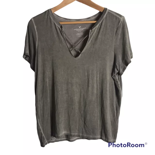 American Eagle Womens L Burnout Gray short sleeve T-Shirt Criss Cross Straps