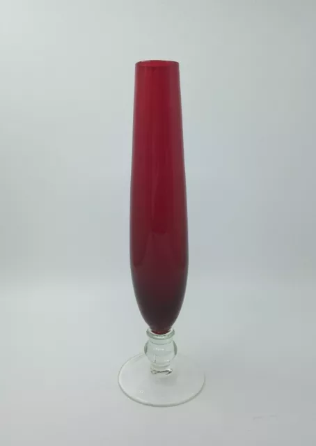 Ruby Red Glass Bud/Stem Vase Clear Footed Knopped 20.5cm Tall