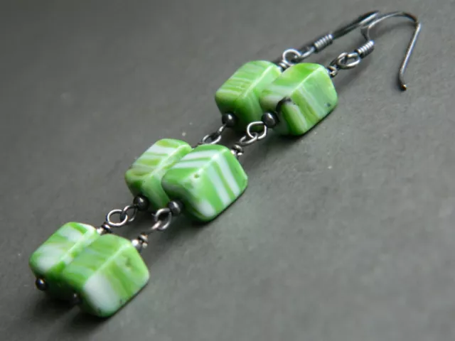 Art Deco Green Striped Cubed Glass Beads & Oxidised 925 Sterling Silver Earrings