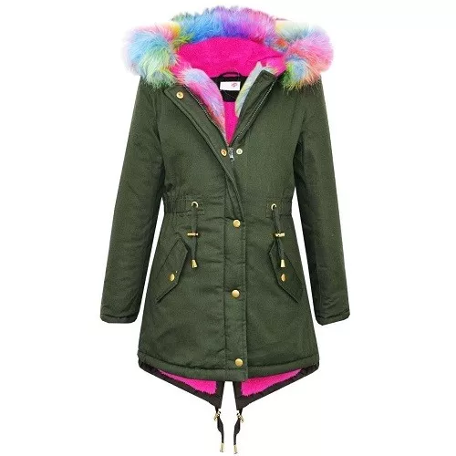 NEW Girls Kids Boohoo Rainbow Fur Hood Parka Jacket Coat Age 6 7 8 9 10 11 12 13