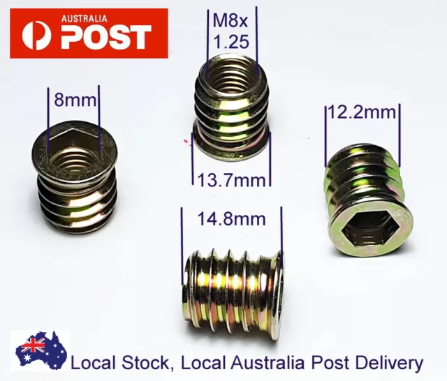 Qty 20 M8 15mm Hard Wood Timber Threaded Flange Zinc Steel Insert Allen Hex Nuts