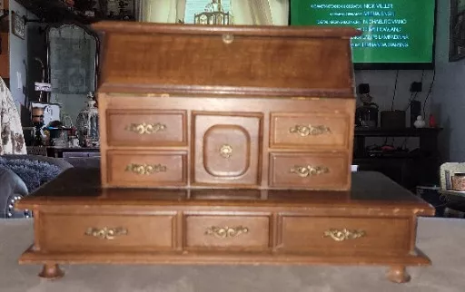 Vintage MCM Wooden 9 Drawer Jewelry Box Green Velvet Lined W/ Brass Knobs