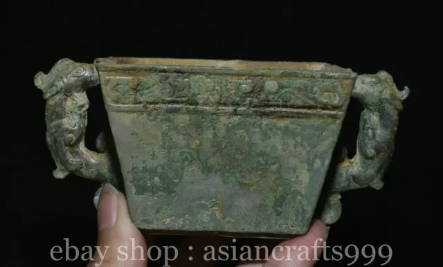 5" Alte chinesische Antike Bronze Ware Dynastie Tier Griff Weinbecher Weinkessel