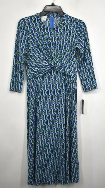 Donna Morgan Womens Blue Crewneck Twisted Front 3/4 Sleeves Pleated Dress