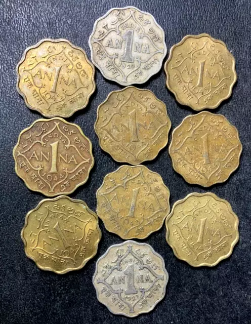 OLD INDIA Coin Lot - 1920-1944 - ANNA - 10 High Grade Coins - Lot #A12