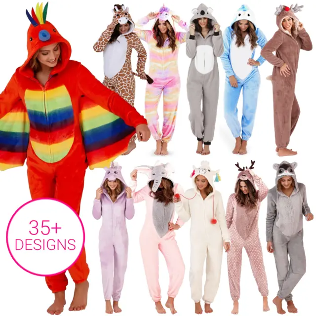 Ladies 1Onesie Womens All In One Pyjamas Hooded Pajama Set Fleece Girls Animal