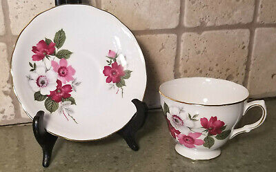 TEA CUP & SAUCER SET: England ROYAL VALE 8316 Bone China Pink White Red Floral