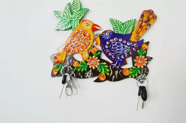 Birds Wooden Key Holder With 4 Hooks Wall Mounted Key Rack For Home And Office