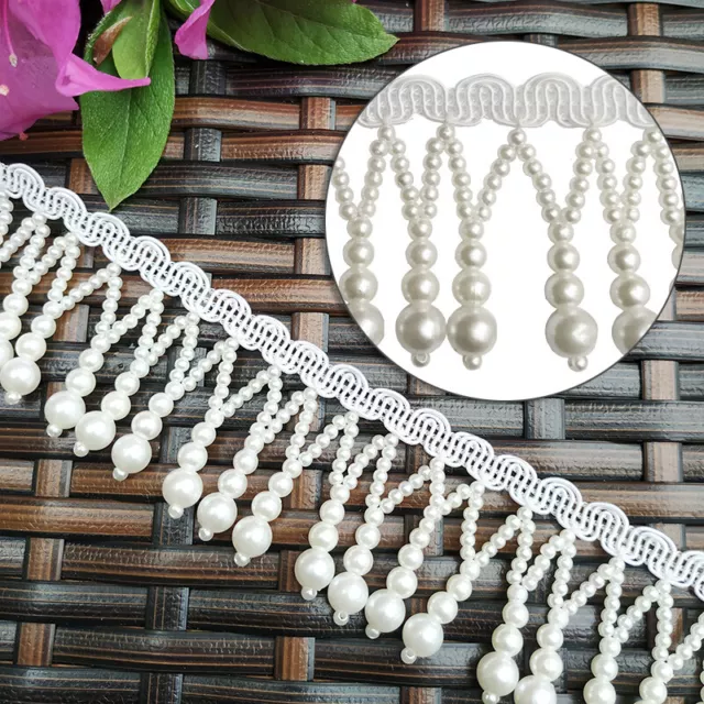 1Yd Pearl Beads Fringe Trim Tassel Lace Ribbon Garment Costumes DIY Accessories