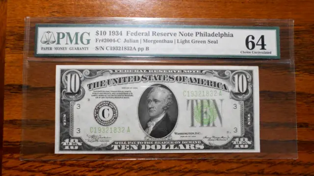 1934 $10 Federal Reserve Note 💲 Light Green Seal PMG 64