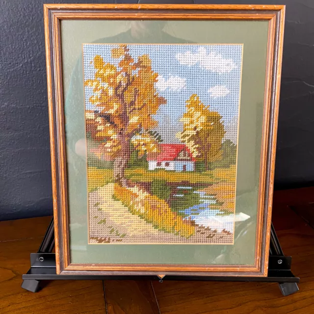 Vintage Framed Needlepoint FALL COUNTRY HOUSE Handmade Art Gallery Wall