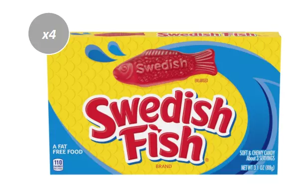 904945 4 x 88g THEATRE BOXES OF SWEDISH FISH AM I GETTING RED? SOFT CHEWY CANDY