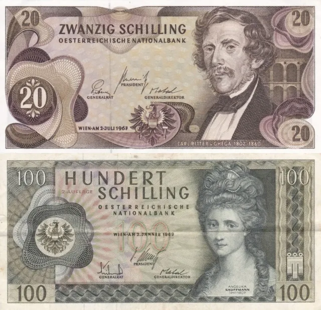 i-002060 Set of 2 banknotes Austria 20, 100 Shilling 1967-69 VF-XF