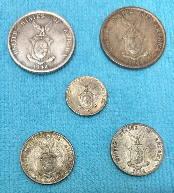 1944 PHILIPPINES 50 20 10 CENTAVOS SILVER COINS US Admin WWII LOT OF 5 COINS