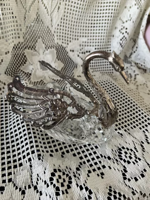 Vintage Crystal & Silver Swan w/Silver Plated Moveable Wings/Salt Cellar Japan