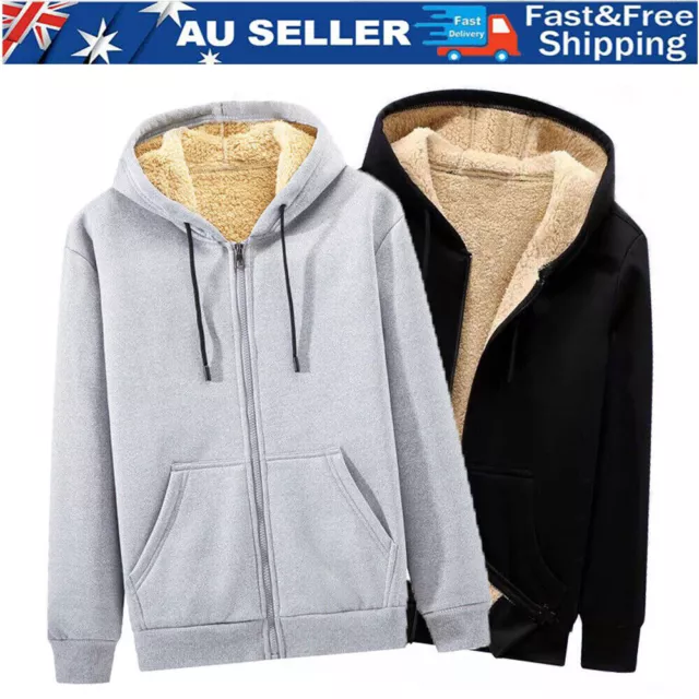 Mens Sherpa Plush Hoodie Hooded Jacket Zip Warm Winter Long Sleeve Outwear Coats