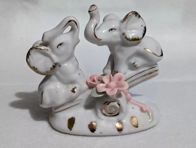 Vintage Porcelain Figurine Two Elephants on See-Saw Teeter Totter Pink Flowers