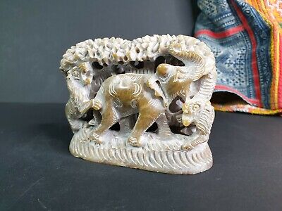 Old Asian Soapstone Carving with Elephants and Lions …beautiful collection and d