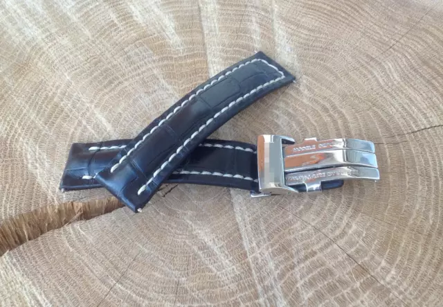 Breitling Watch Strap 22mm HANDMADE Black Croco + Deployment clasp