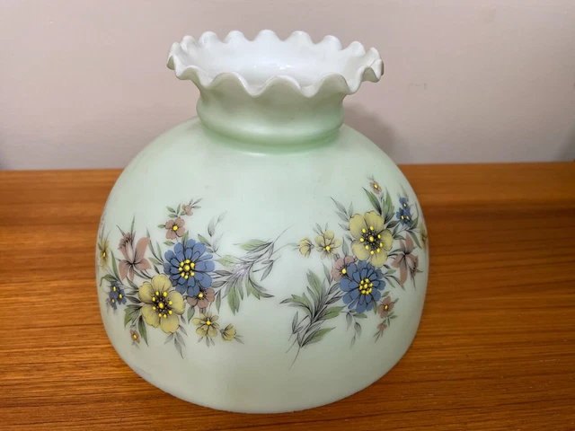 Vtg GWTW Glass Lamp Shade Hand Painted Flowers Floral Ruffled Top, 9 3/4" Fitter