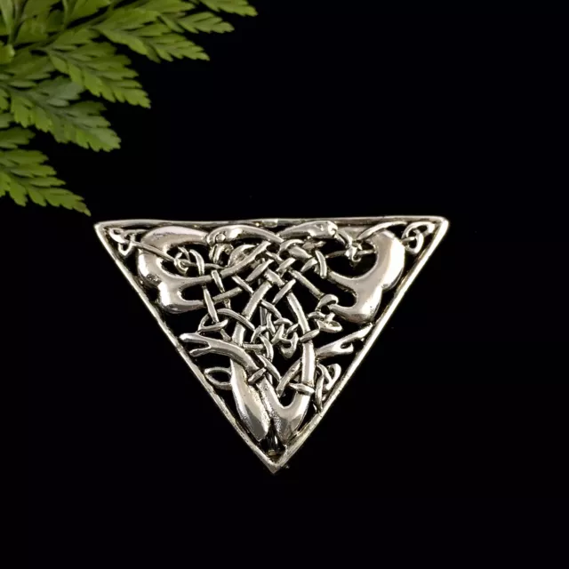 Unusual Triangular Vintage Silver Celtic Knot Two Birds Brooch Pin