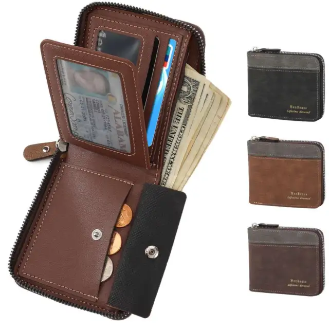 Mens RFID Blocking Leather Bifold Wallet Credit Card ID Holder Zip Around Purse