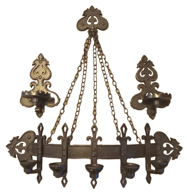 Vintage GOTHIC 5-Candle Cast Metal CANDELABRA Medieval/Castle WALL SCONCE Chains