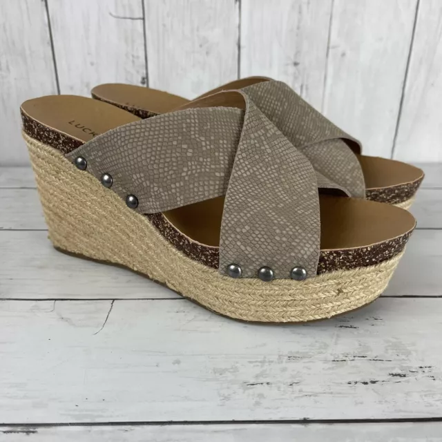 Lucky Brand Womens Beige Woven Raffia Wedge Sandals Shoes SZ 8 Cross Strap New