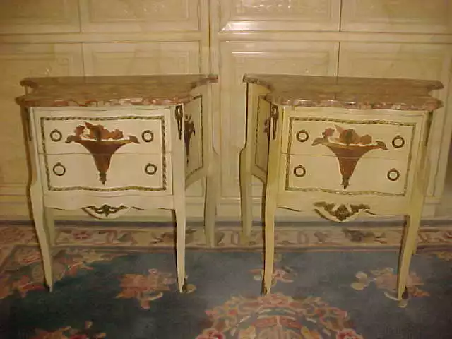 Pair Of Louis Xv Style Wood Inlaid Vase Commodes With Marble Early 20Th Cenutry